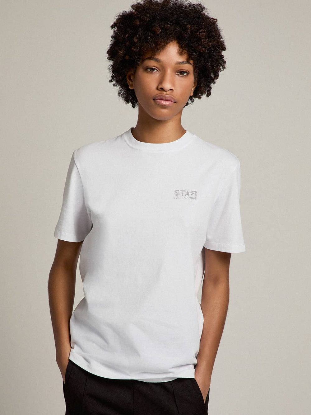 Golden Goose Women's white T-shirt with silver glitter logo and star