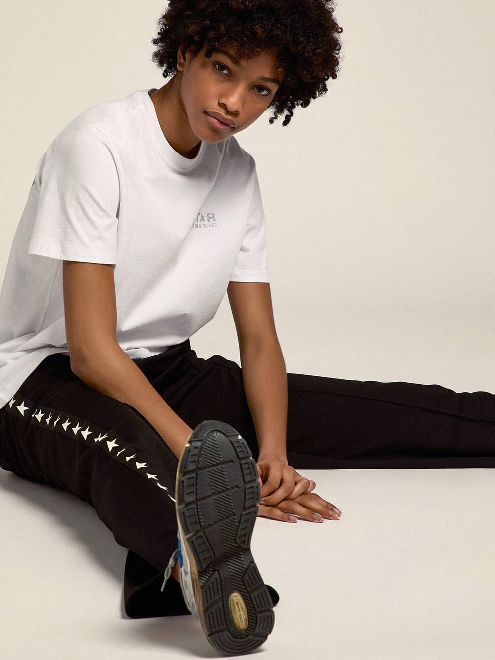 Golden Goose Women's white T-shirt with silver glitter logo and star
