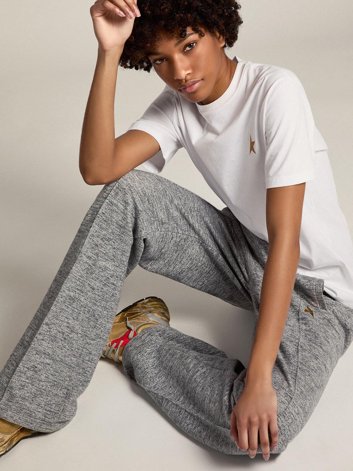 Golden Goose White Star Collection T-shirt with star in gold glitter on the front