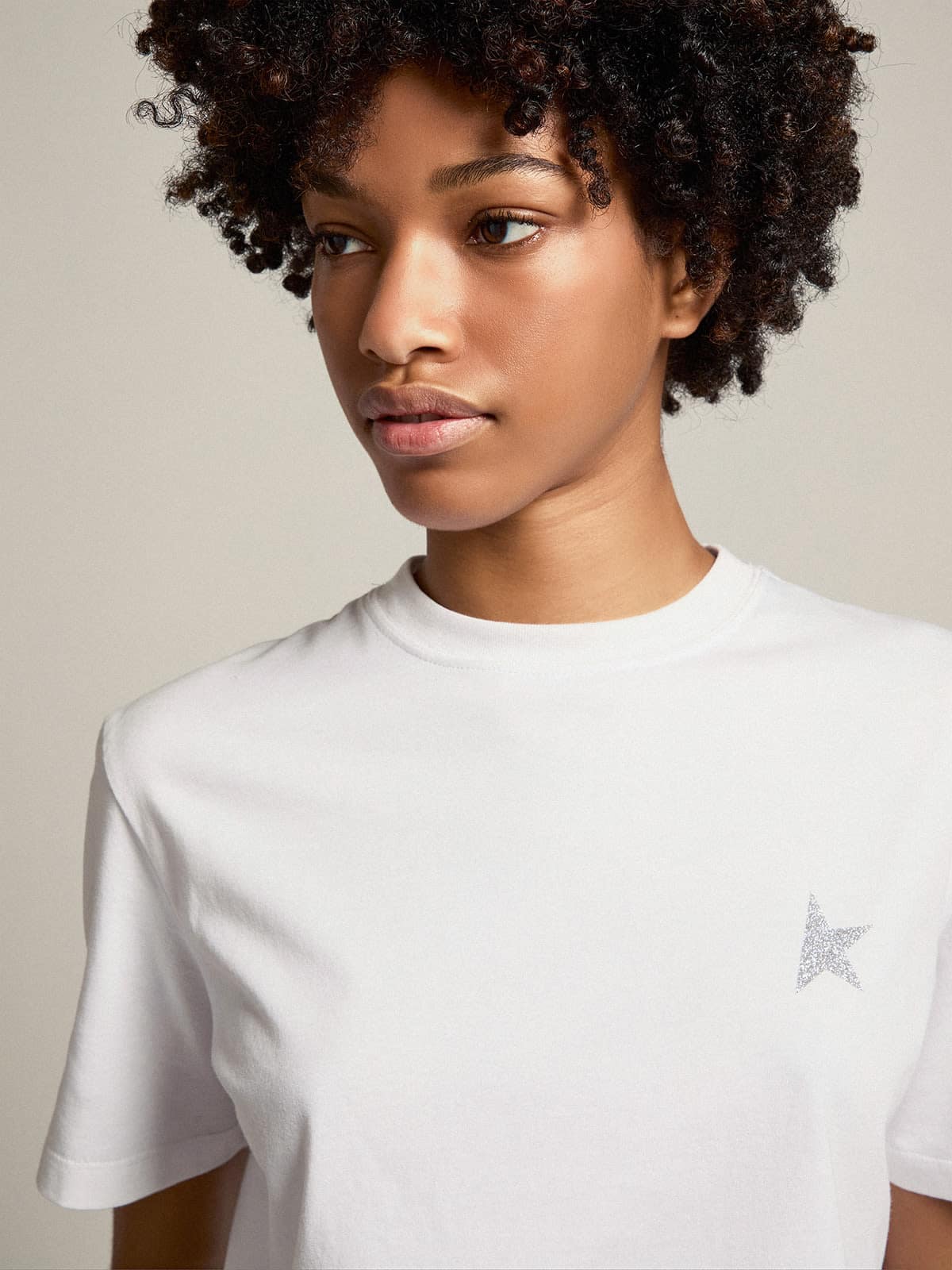 Golden Goose Women's white T-shirt with silver glitter star on the front