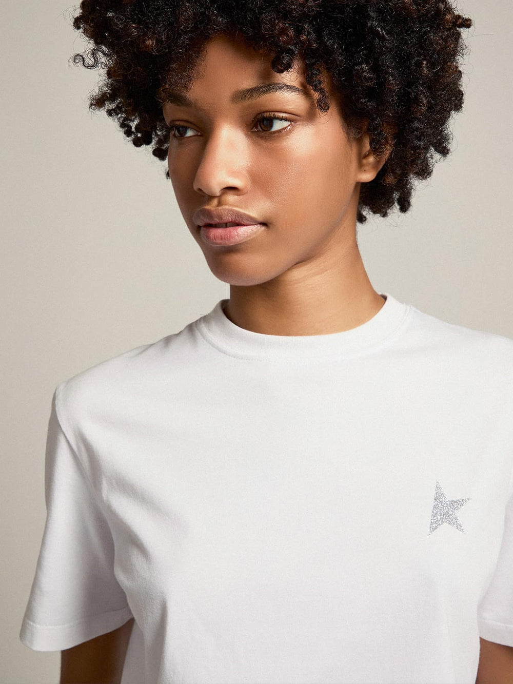 Golden Goose Women's white T-shirt with silver glitter star on the front