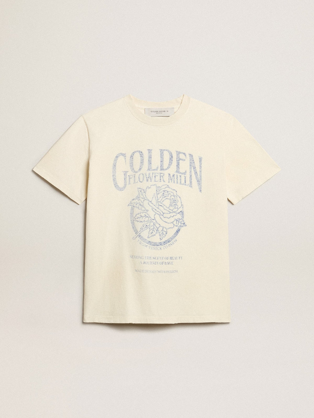 Golden Goose Women’s T-shirt in aged white cotton with seasonal print