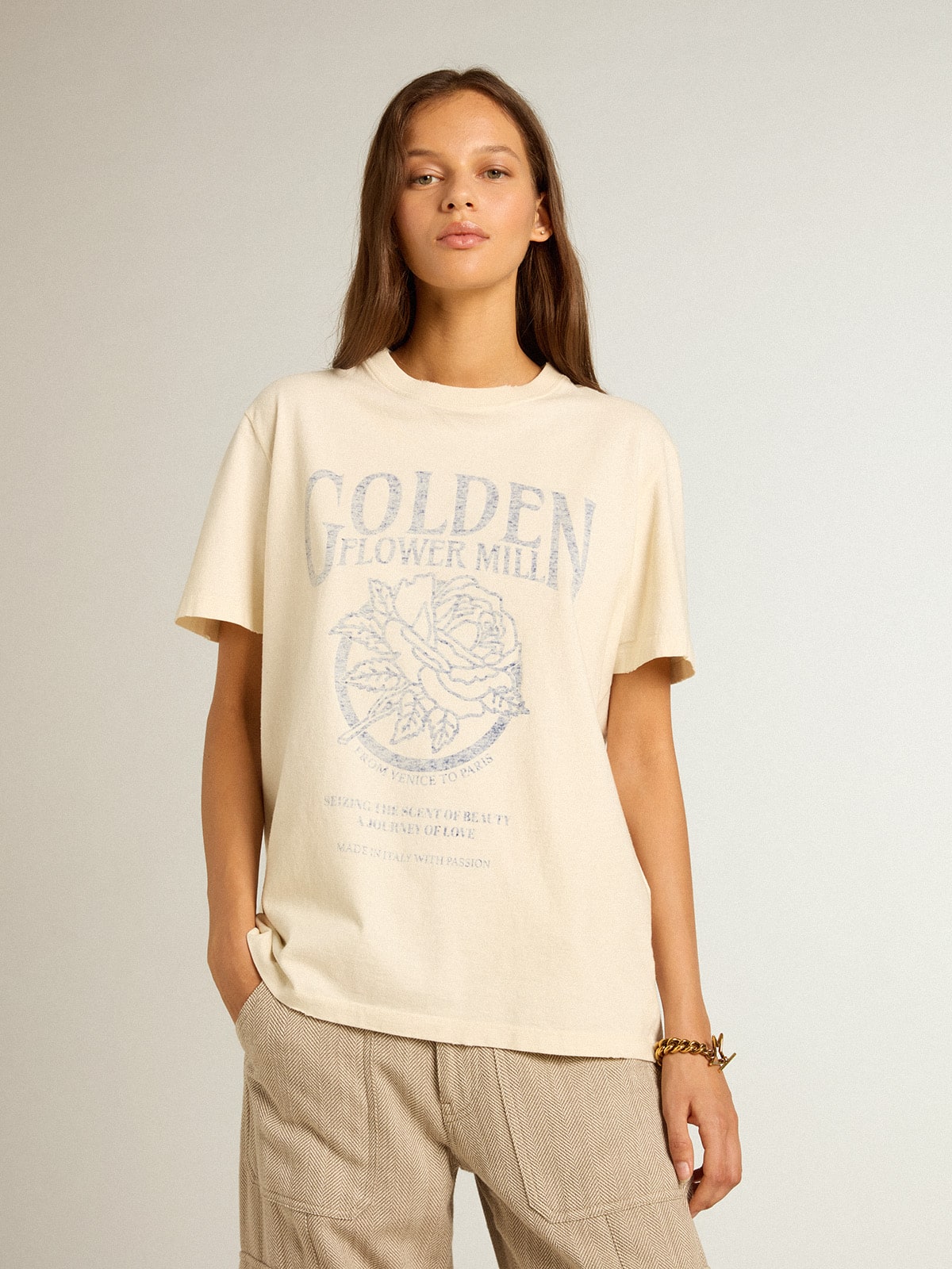 Golden Goose Women’s T-shirt in aged white cotton with seasonal print