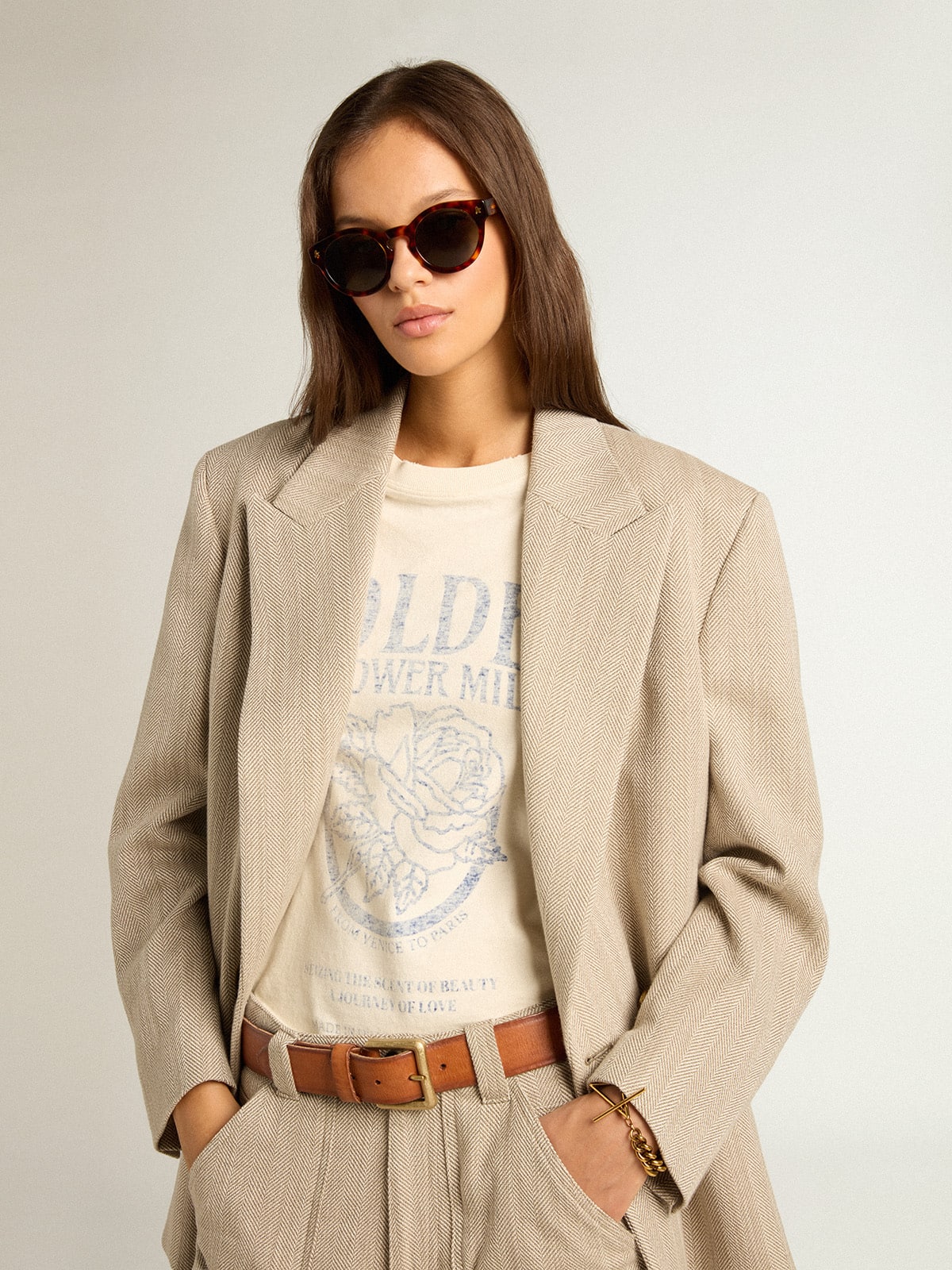 Golden Goose Women’s T-shirt in aged white cotton with seasonal print