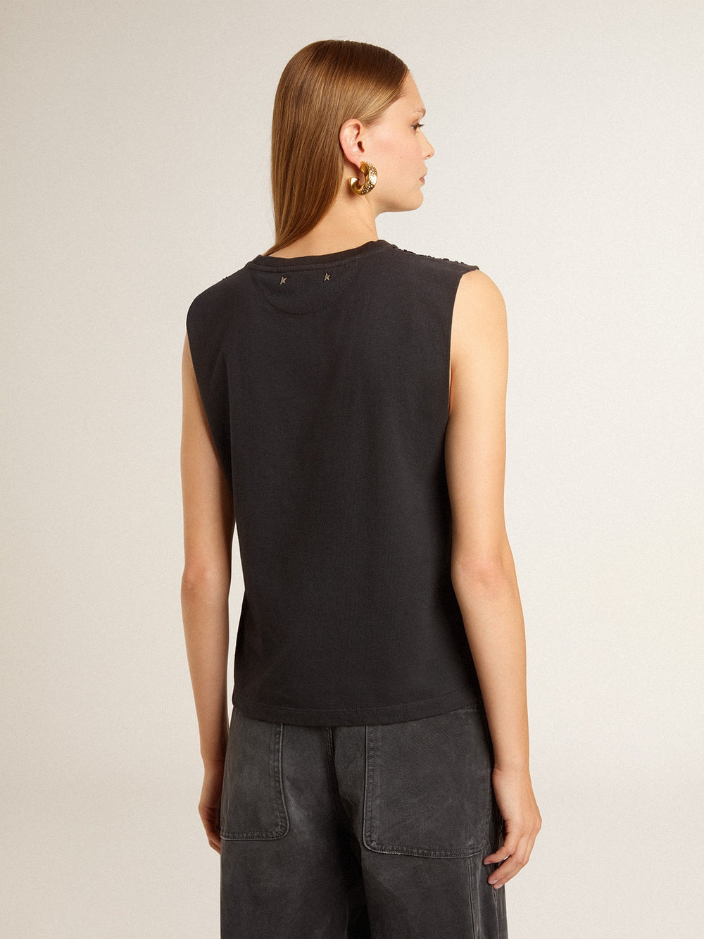 Golden Goose Sleeveless T-shirt in worn-black with tone-on-tone gradient embroidery