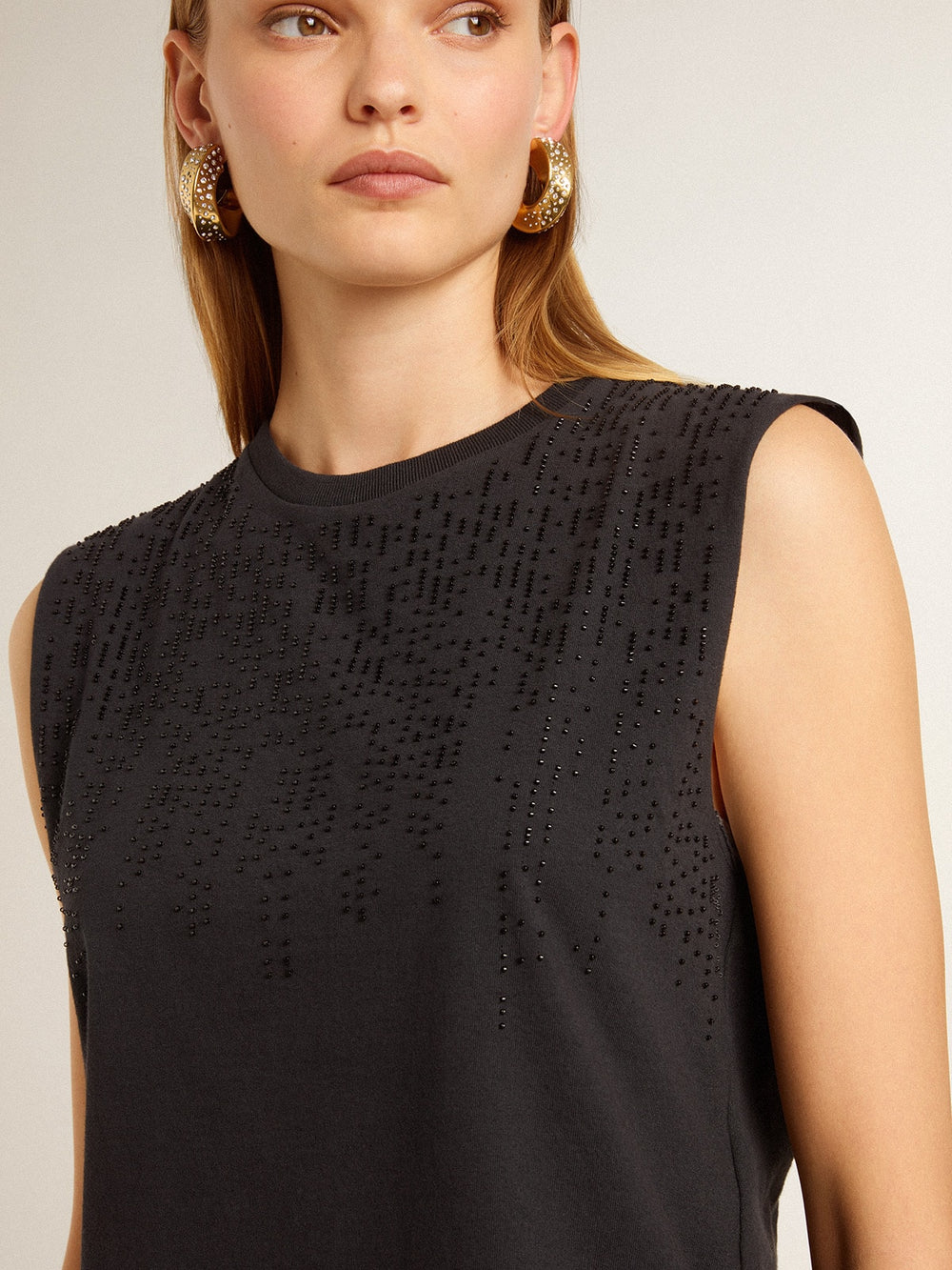Golden Goose Sleeveless T-shirt in worn-black with tone-on-tone gradient embroidery