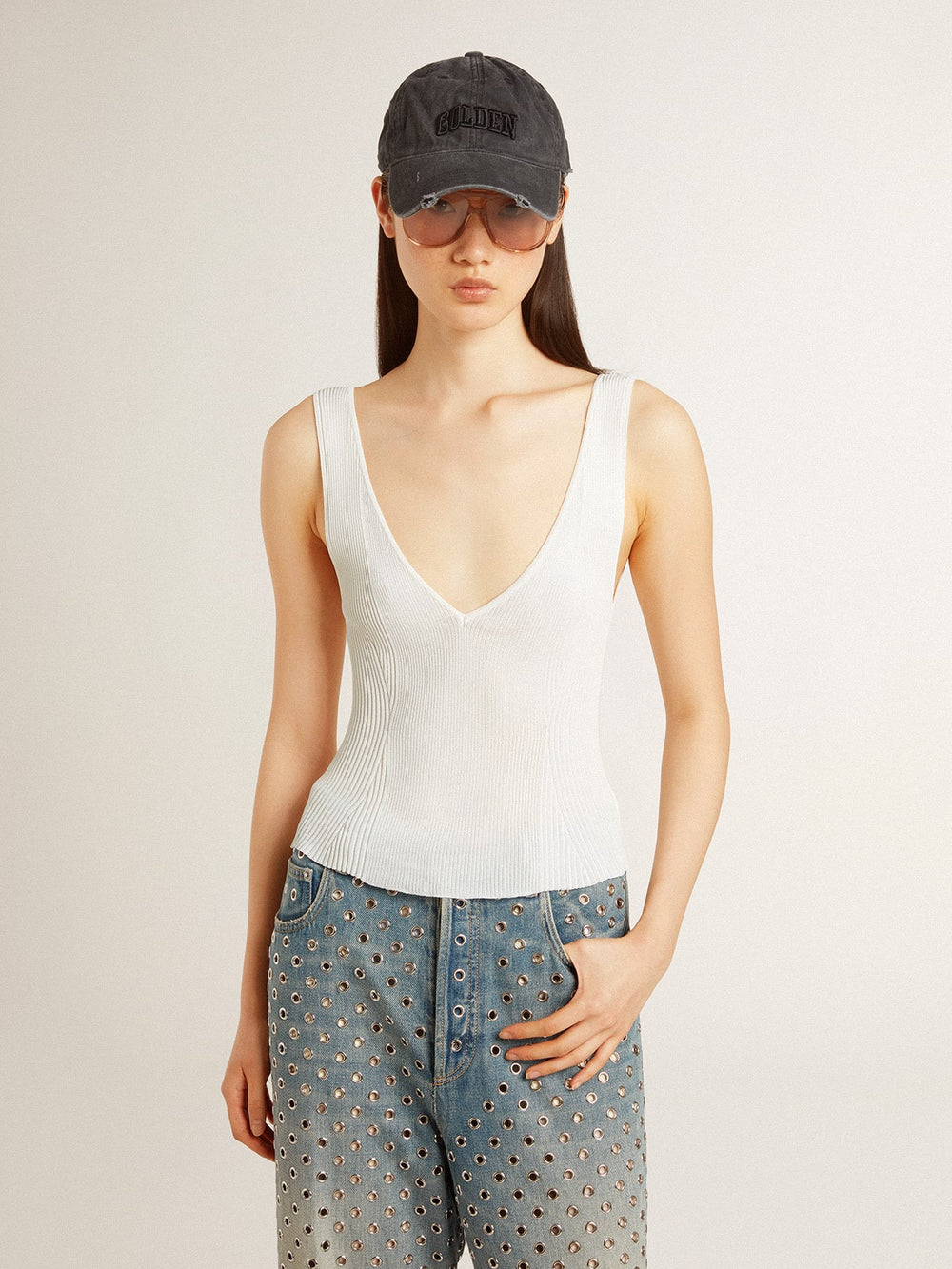 Golden Goose Sleeveless top embroidered with worn-white ribbing