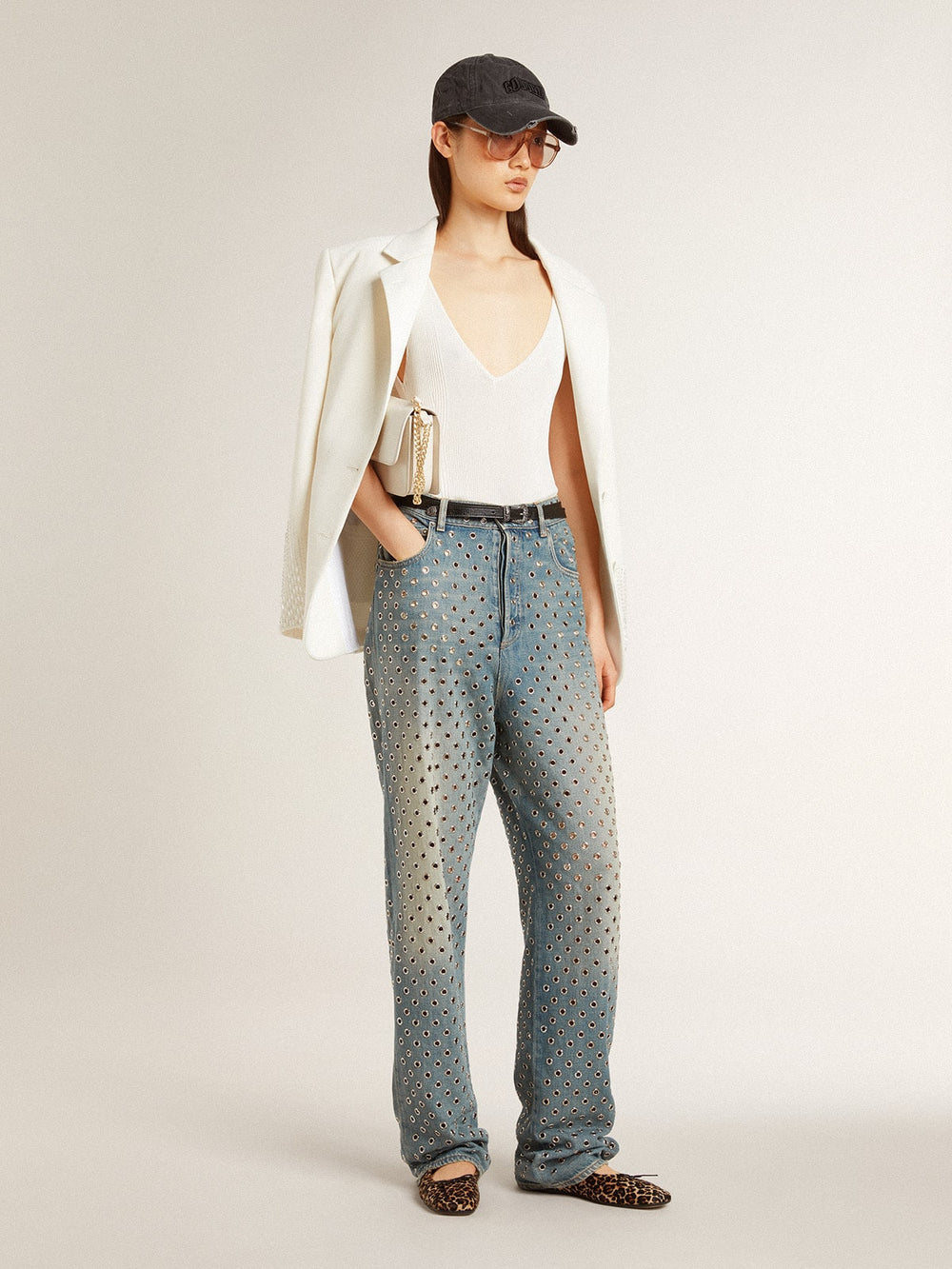 Golden Goose Sleeveless top embroidered with worn-white ribbing