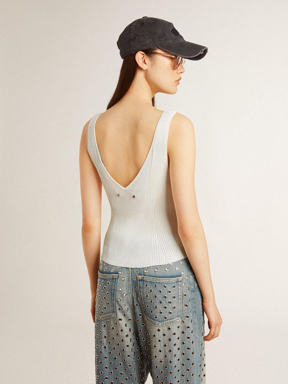 Golden Goose Sleeveless top embroidered with worn-white ribbing