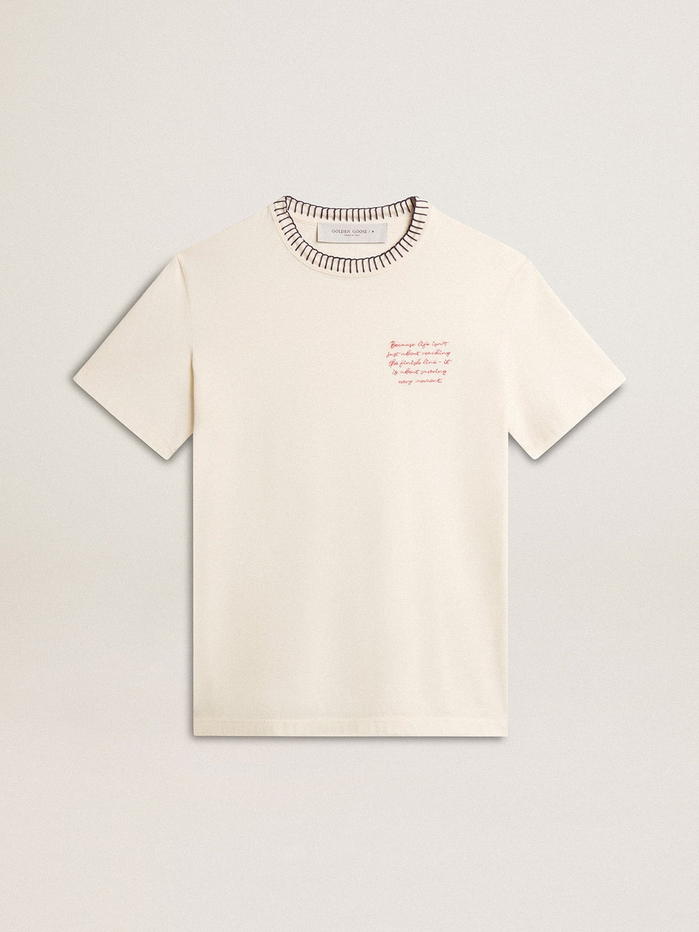 Golden Goose Women's aged white cotton T-shirt with hand embroidery