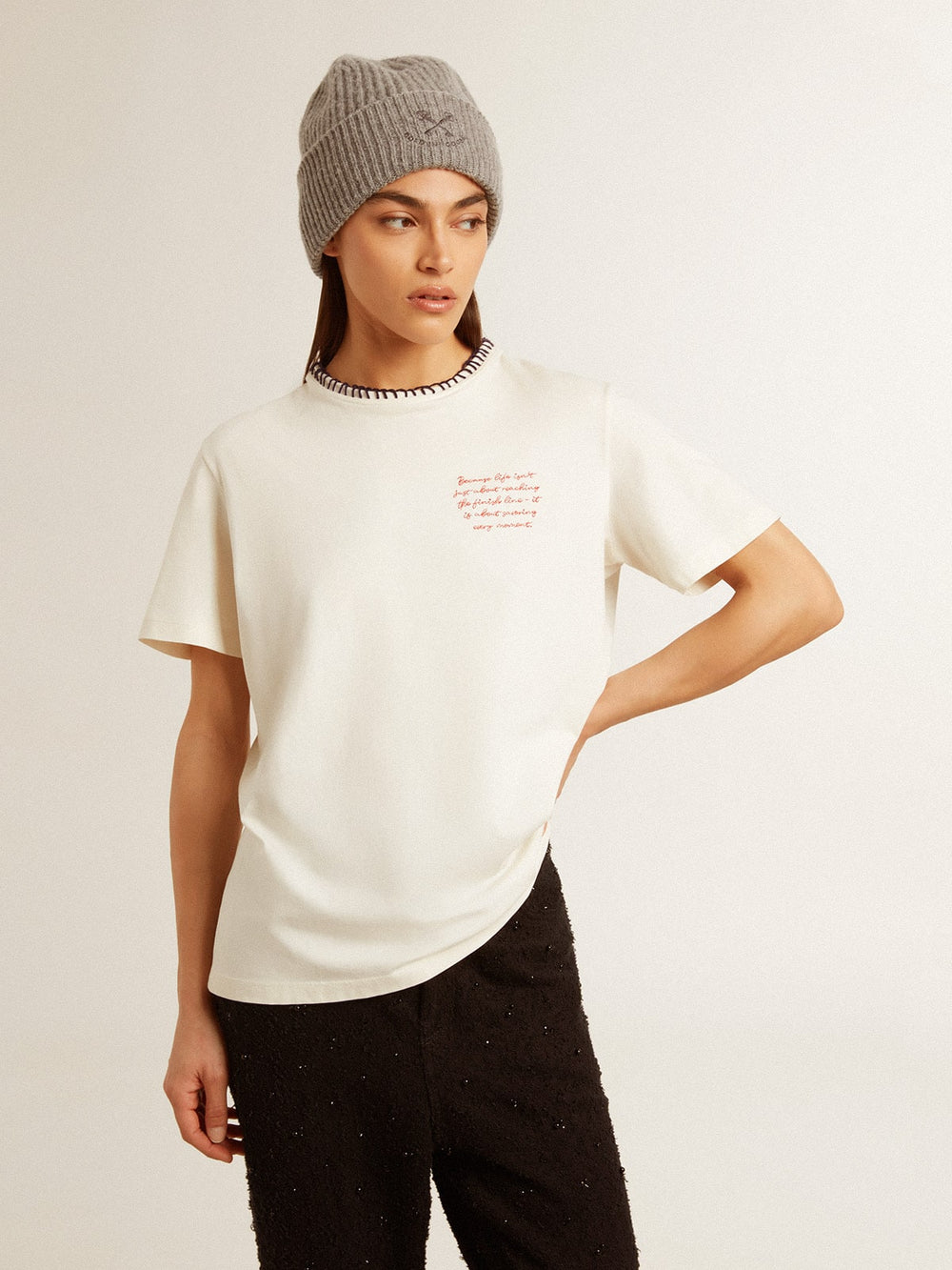 Golden Goose Women's aged white cotton T-shirt with hand embroidery