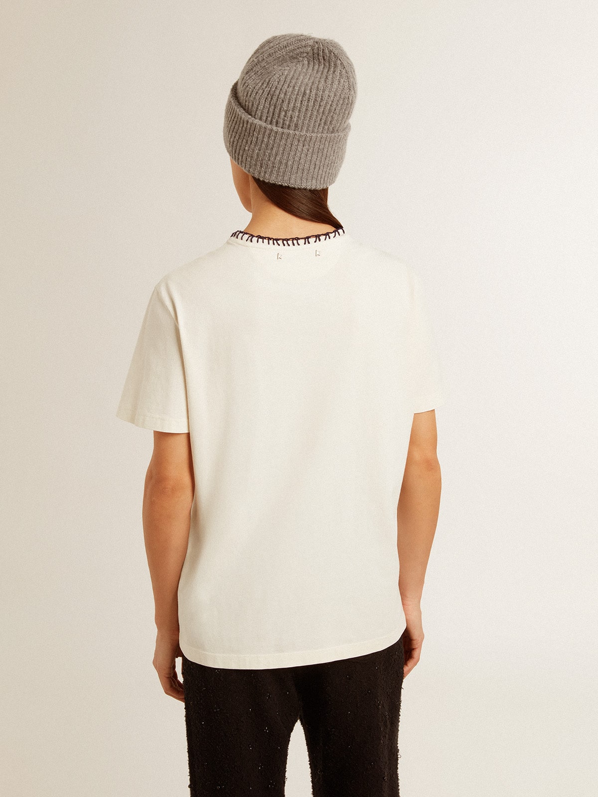 Golden Goose Women's aged white cotton T-shirt with hand embroidery