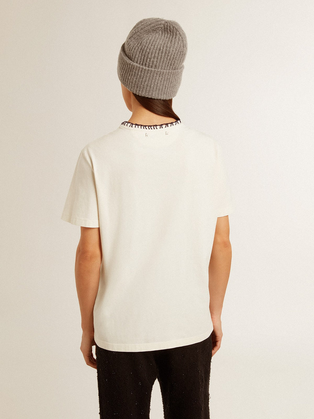 Golden Goose Women's aged white cotton T-shirt with hand embroidery