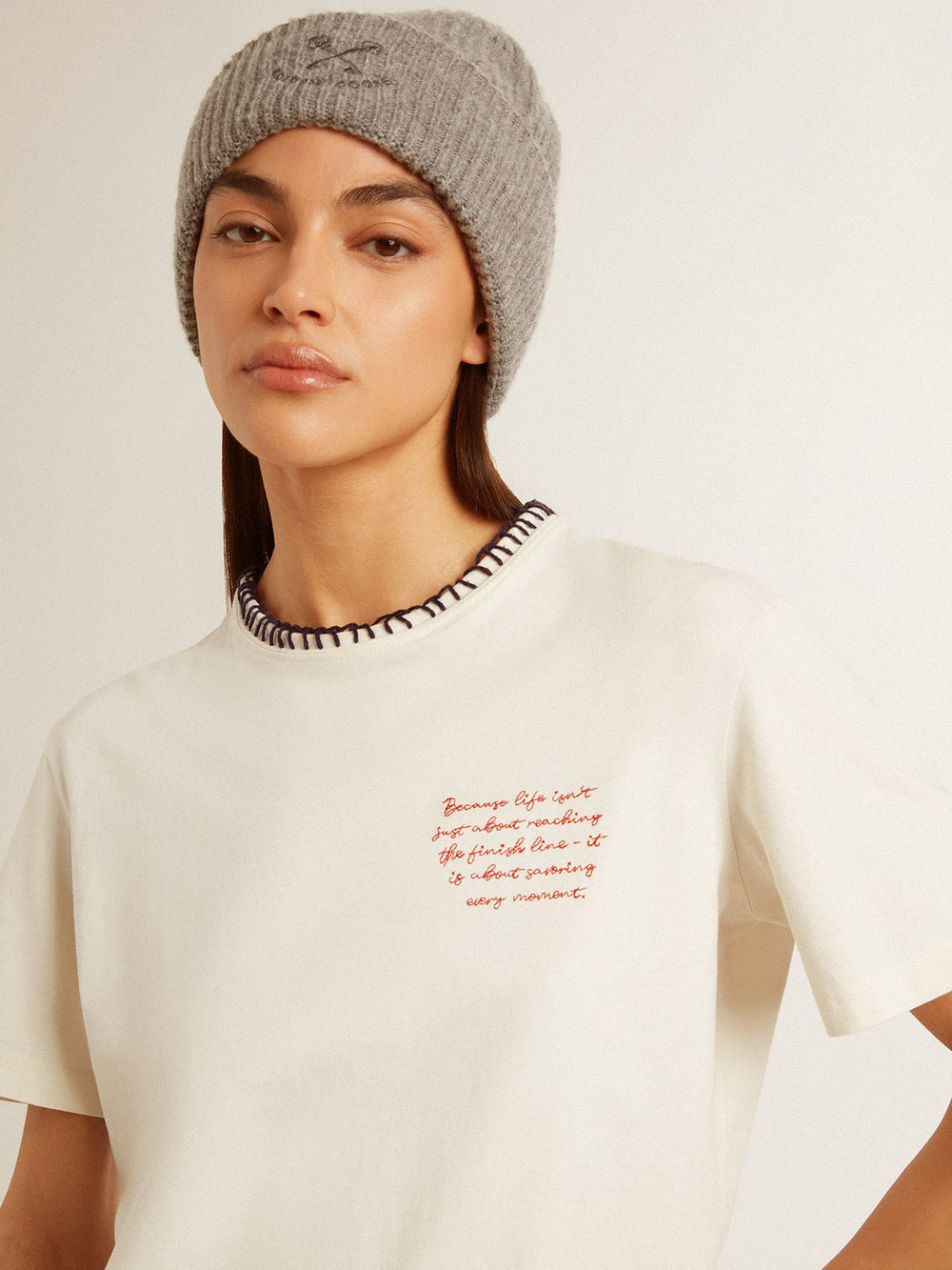 Golden Goose Women's aged white cotton T-shirt with hand embroidery
