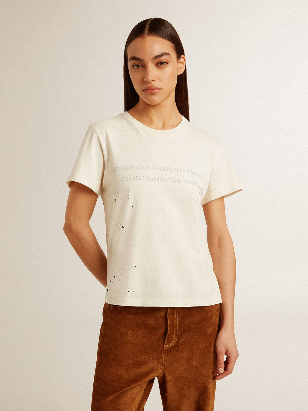 Golden Goose Women's aged white cotton T-shirt with print and embroidery