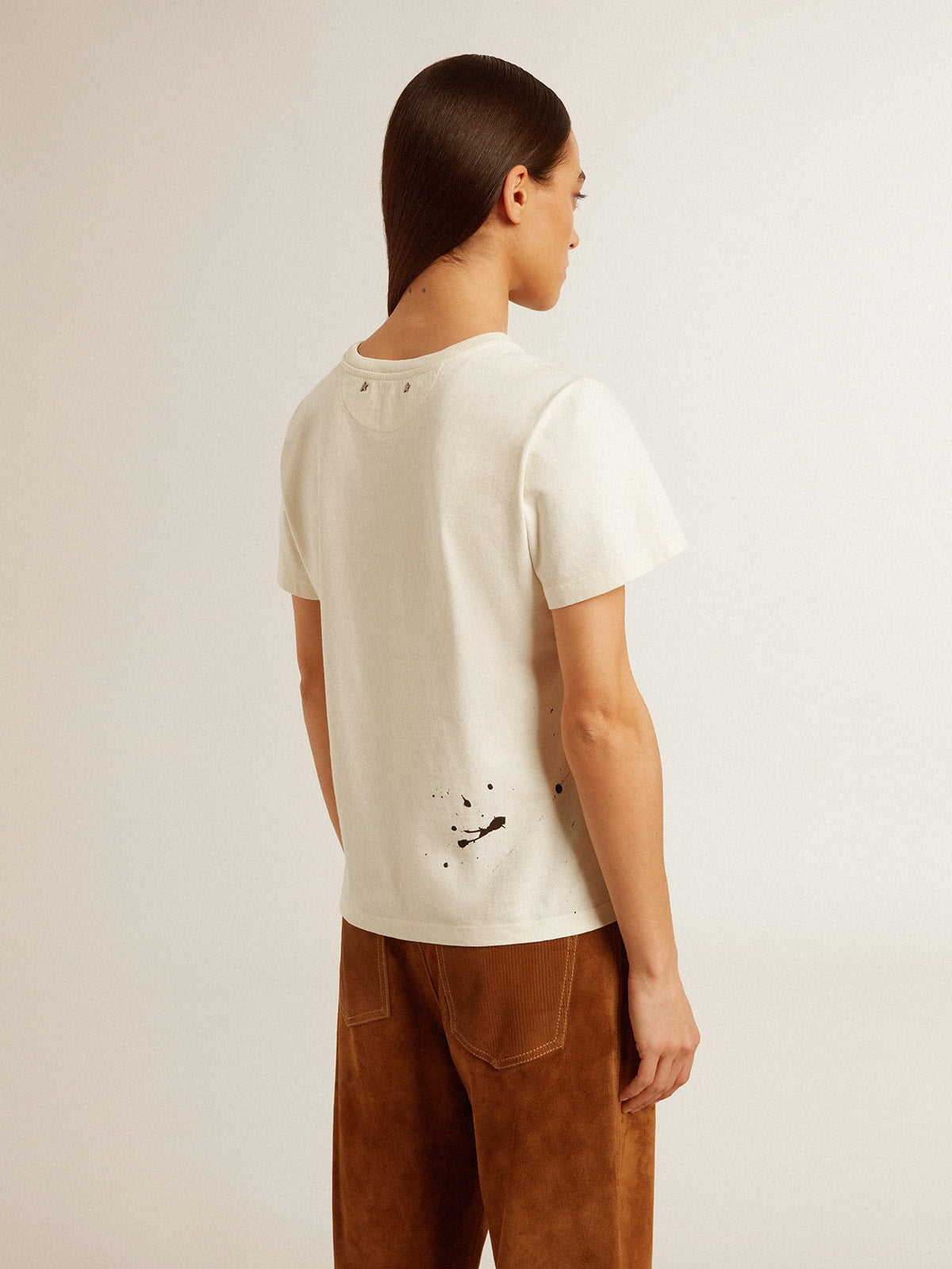 Golden Goose Women's aged white cotton T-shirt with print and embroidery