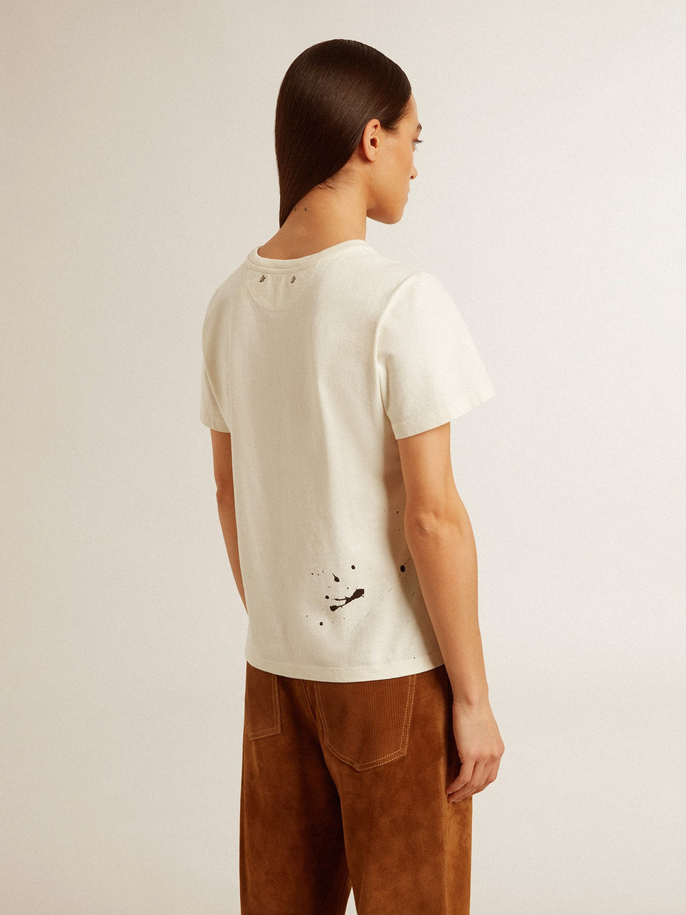Golden Goose Women's aged white cotton T-shirt with print and embroidery