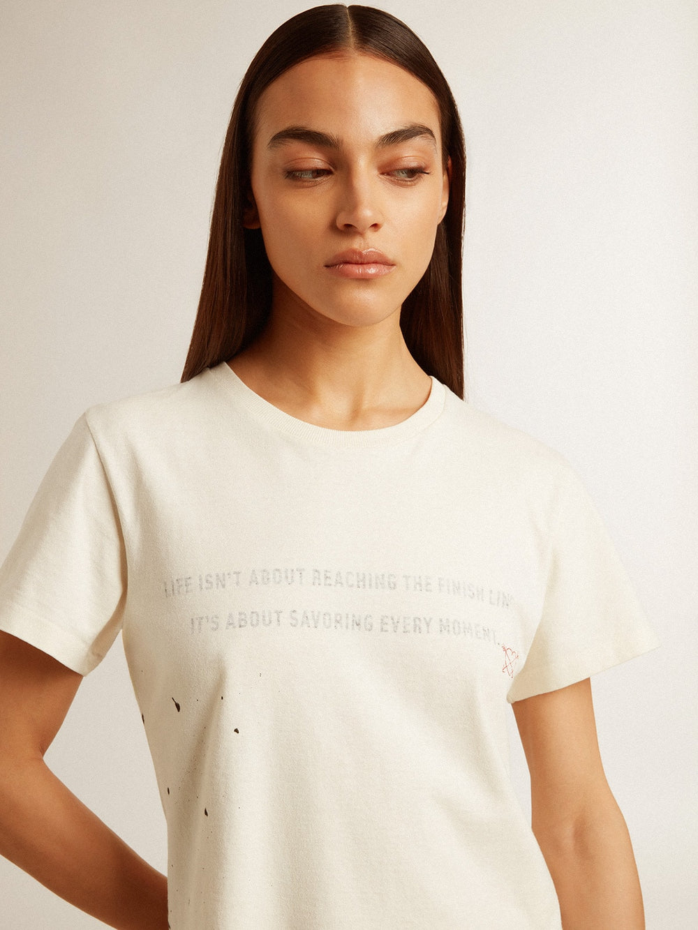 Golden Goose Women's aged white cotton T-shirt with print and embroidery