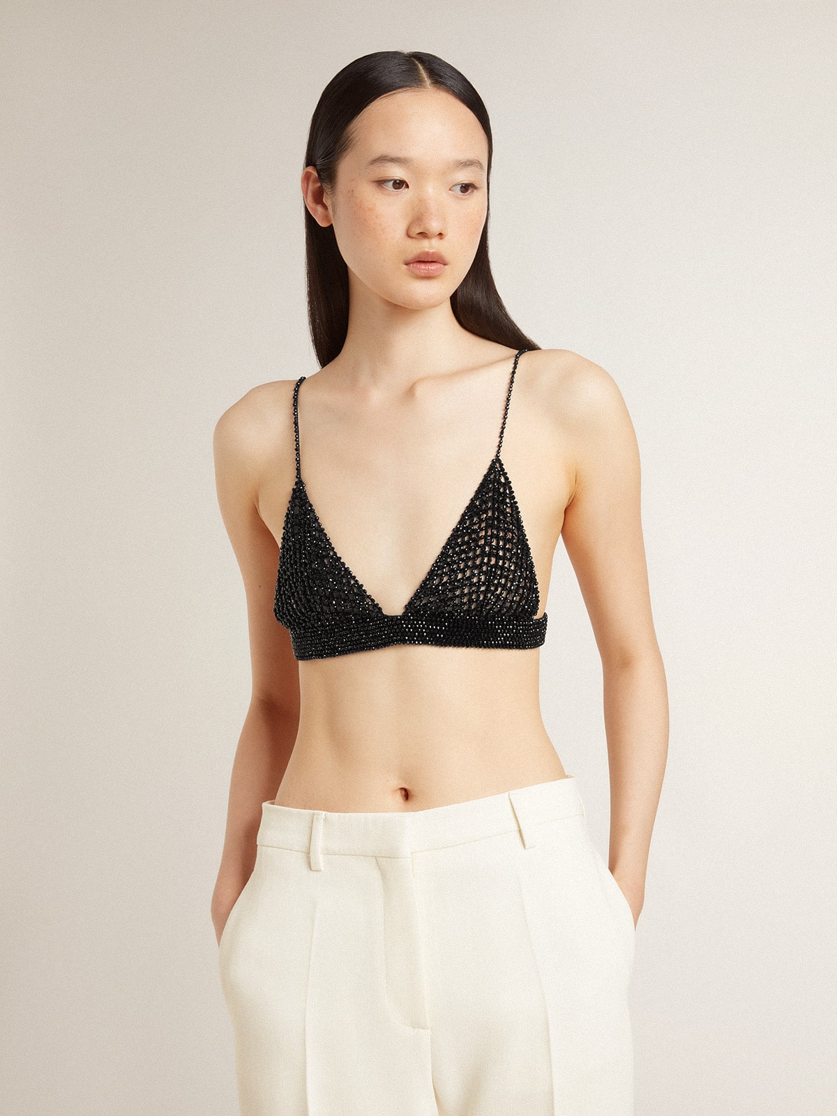 Golden Goose Women's black crochet top with crystals