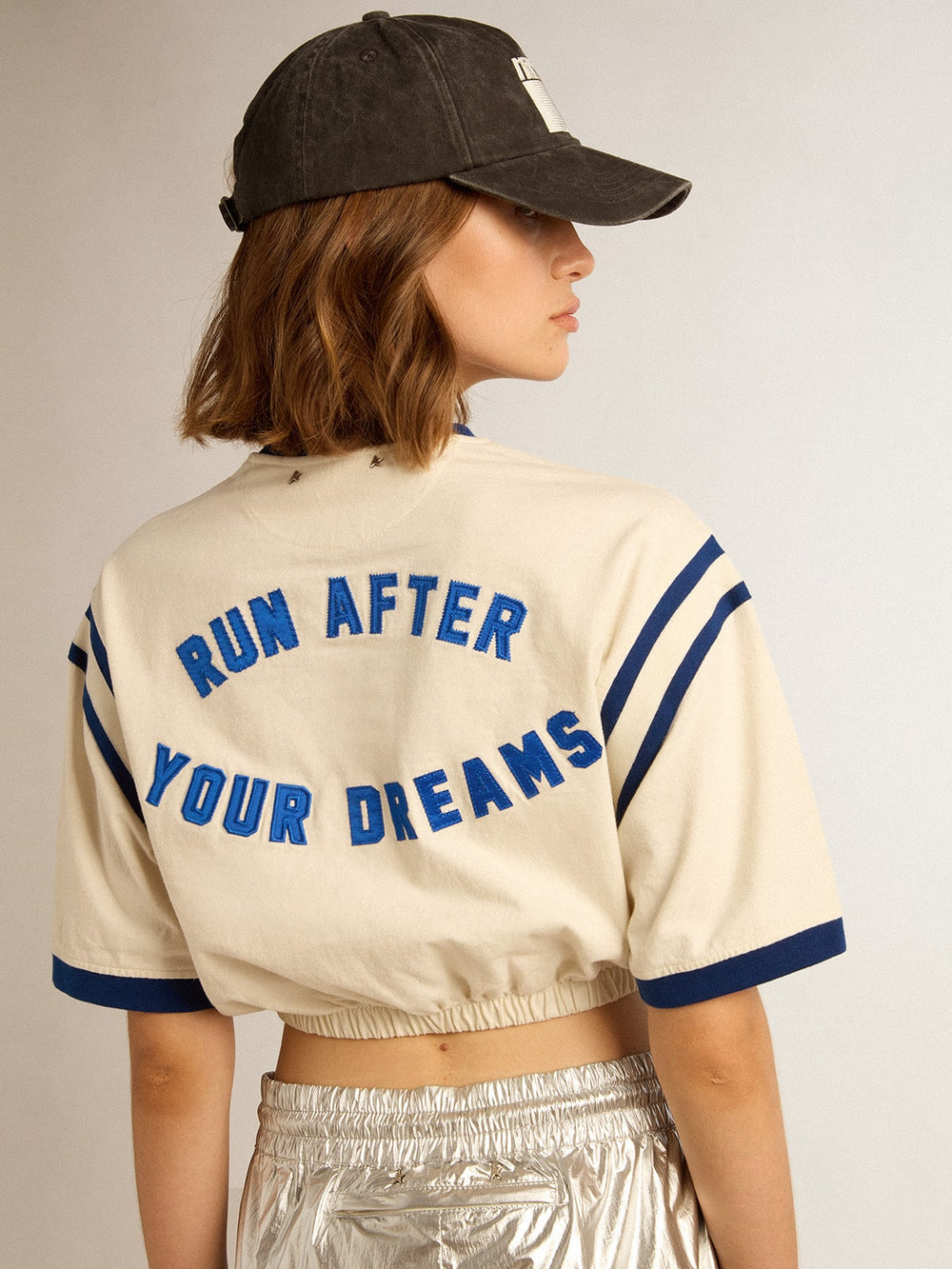 Golden Goose Aged white cotton cropped T-shirt with lettering on the back