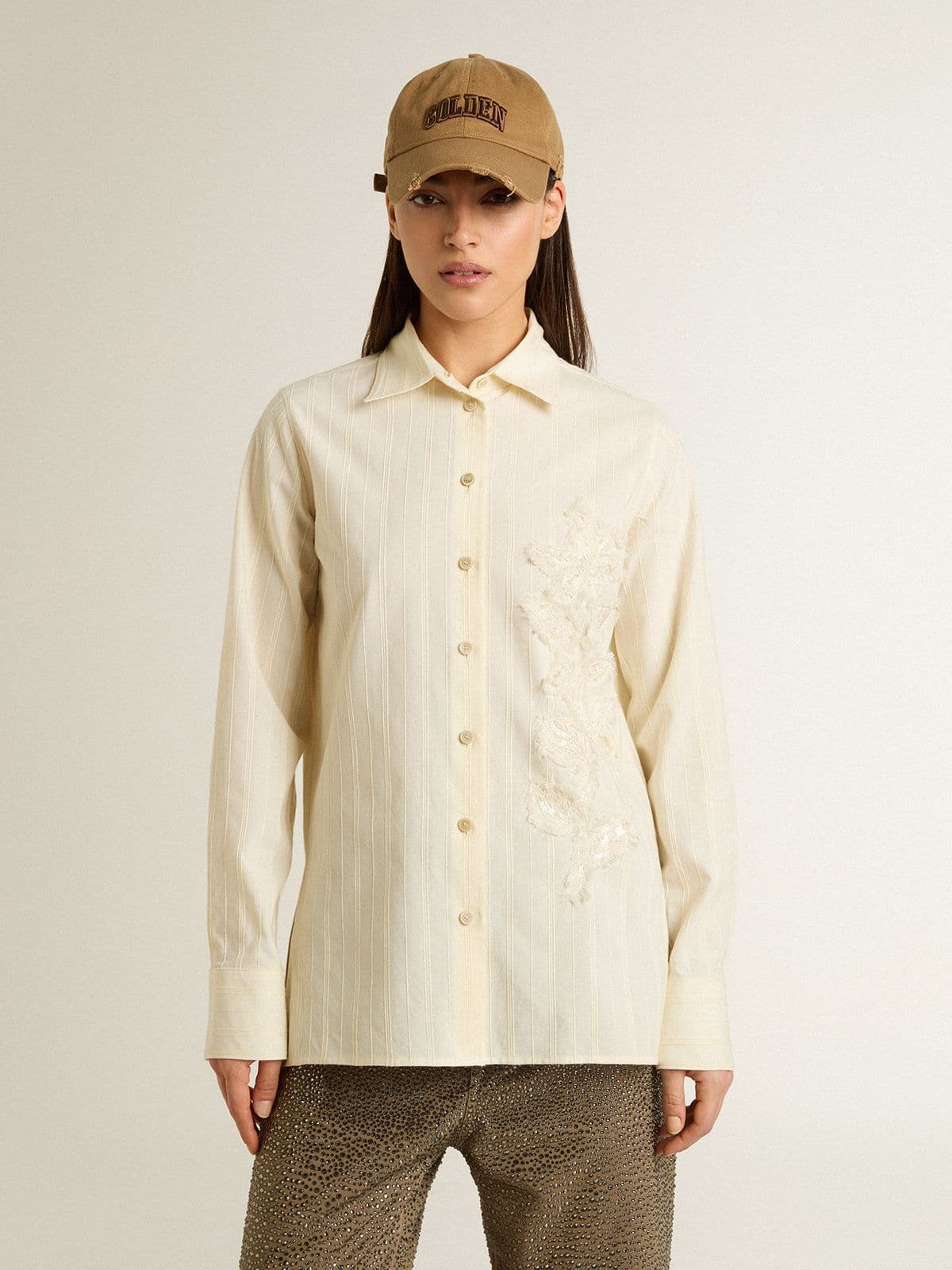 Golden Goose Women's cream-colored cotton shirt with floral embroidery