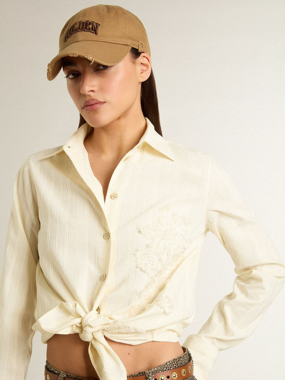 Golden Goose Women's cream-colored cotton shirt with floral embroidery