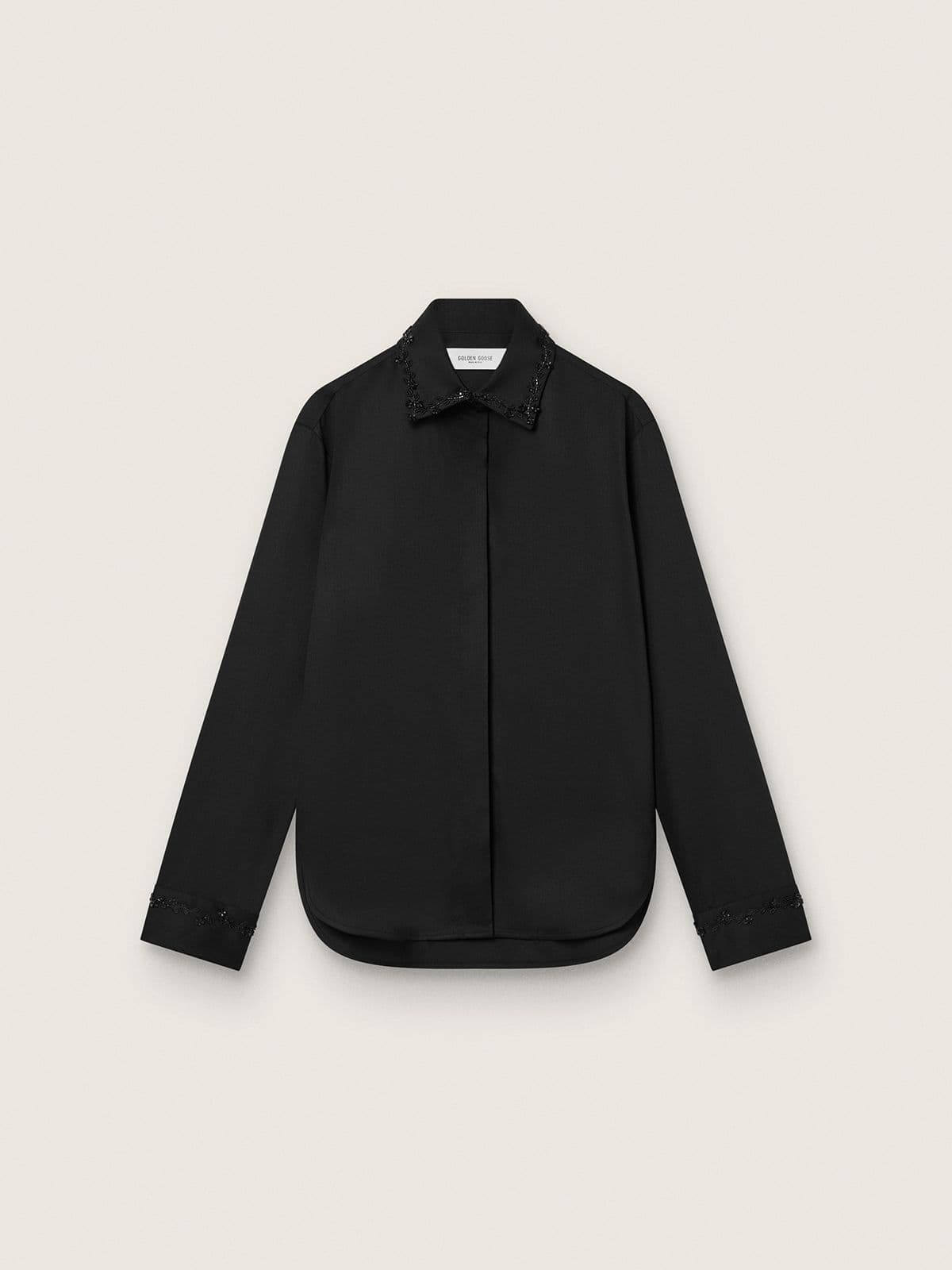 Golden Goose Women's shirt in black wool twill with floral embroidery in glass beads
