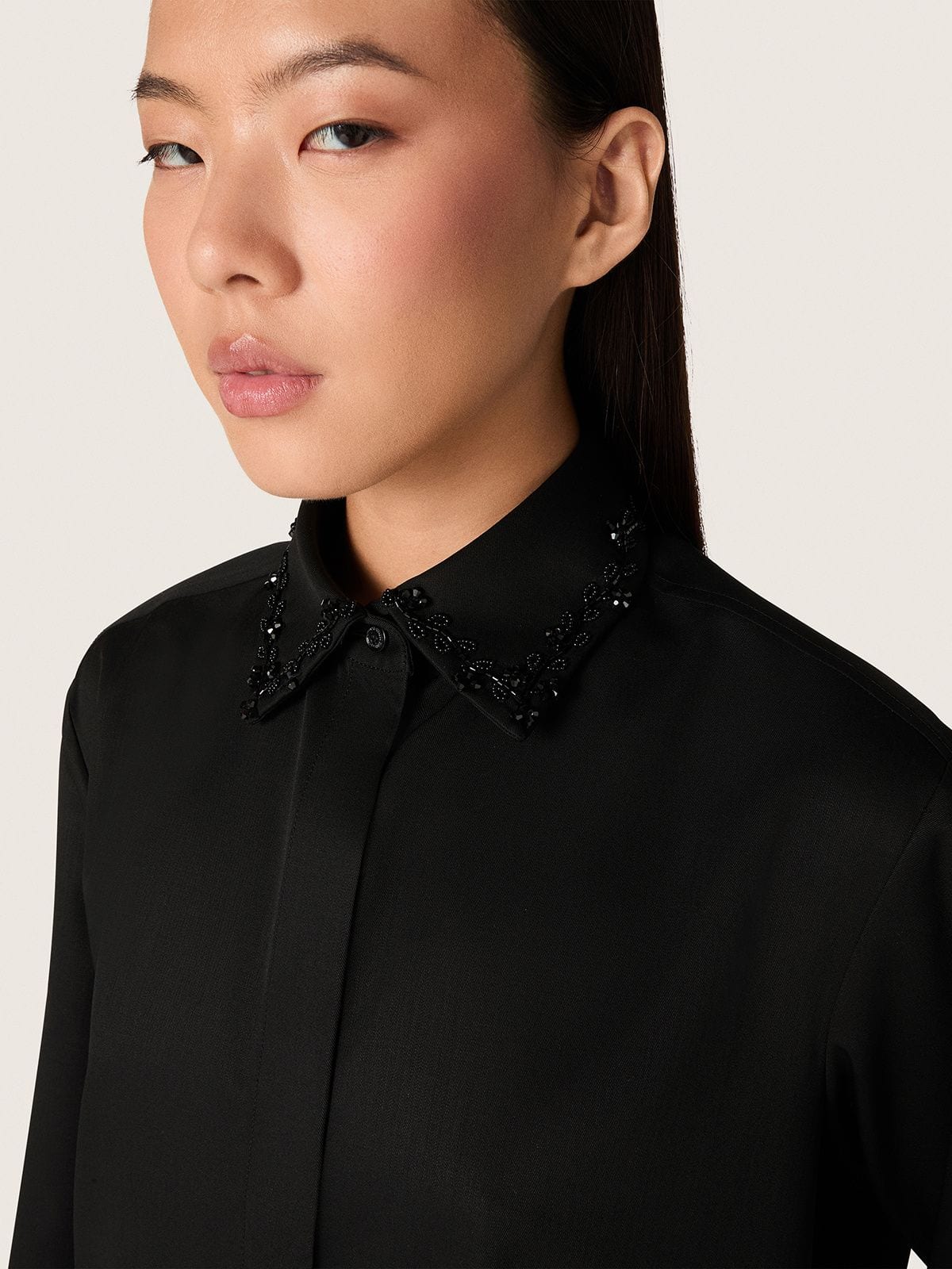 Golden Goose Women's shirt in black wool twill with floral embroidery in glass beads