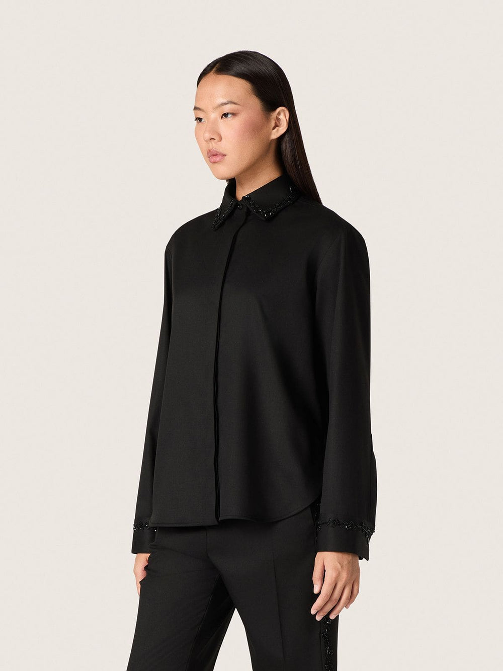 Golden Goose Women's shirt in black wool twill with floral embroidery in glass beads
