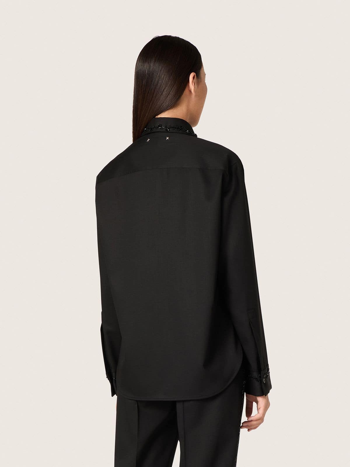 Golden Goose Women's shirt in black wool twill with floral embroidery in glass beads