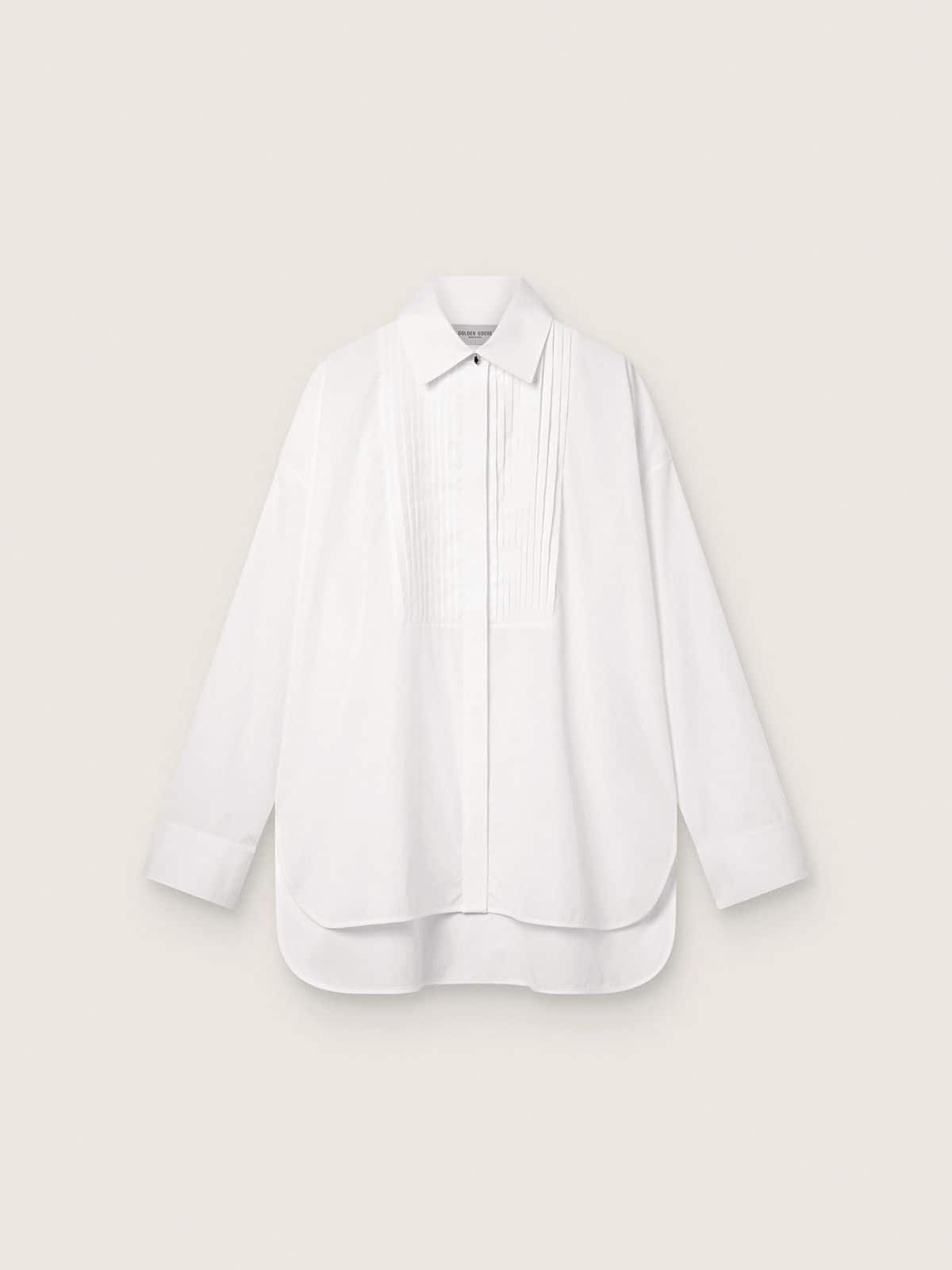 Golden Goose Women's oversized shirt in white cotton with pleated detail and jewel buttons