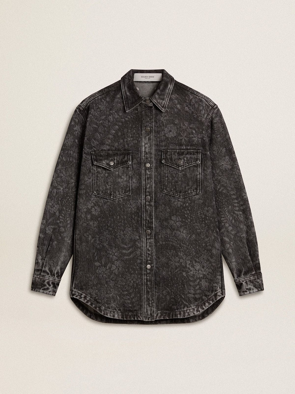 Golden Goose Women's black denim shirt with ton sur ton floral pattern