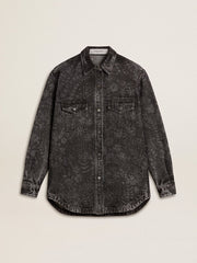 Golden Goose Women's black denim shirt with ton sur ton floral pattern
