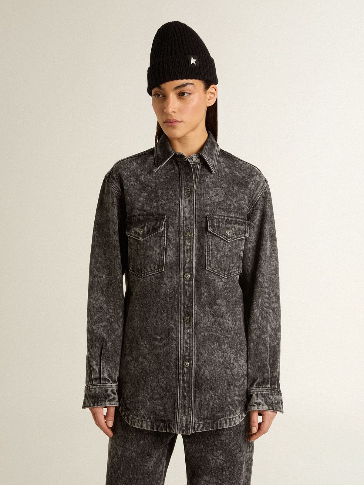 Golden Goose Women's black denim shirt with ton sur ton floral pattern