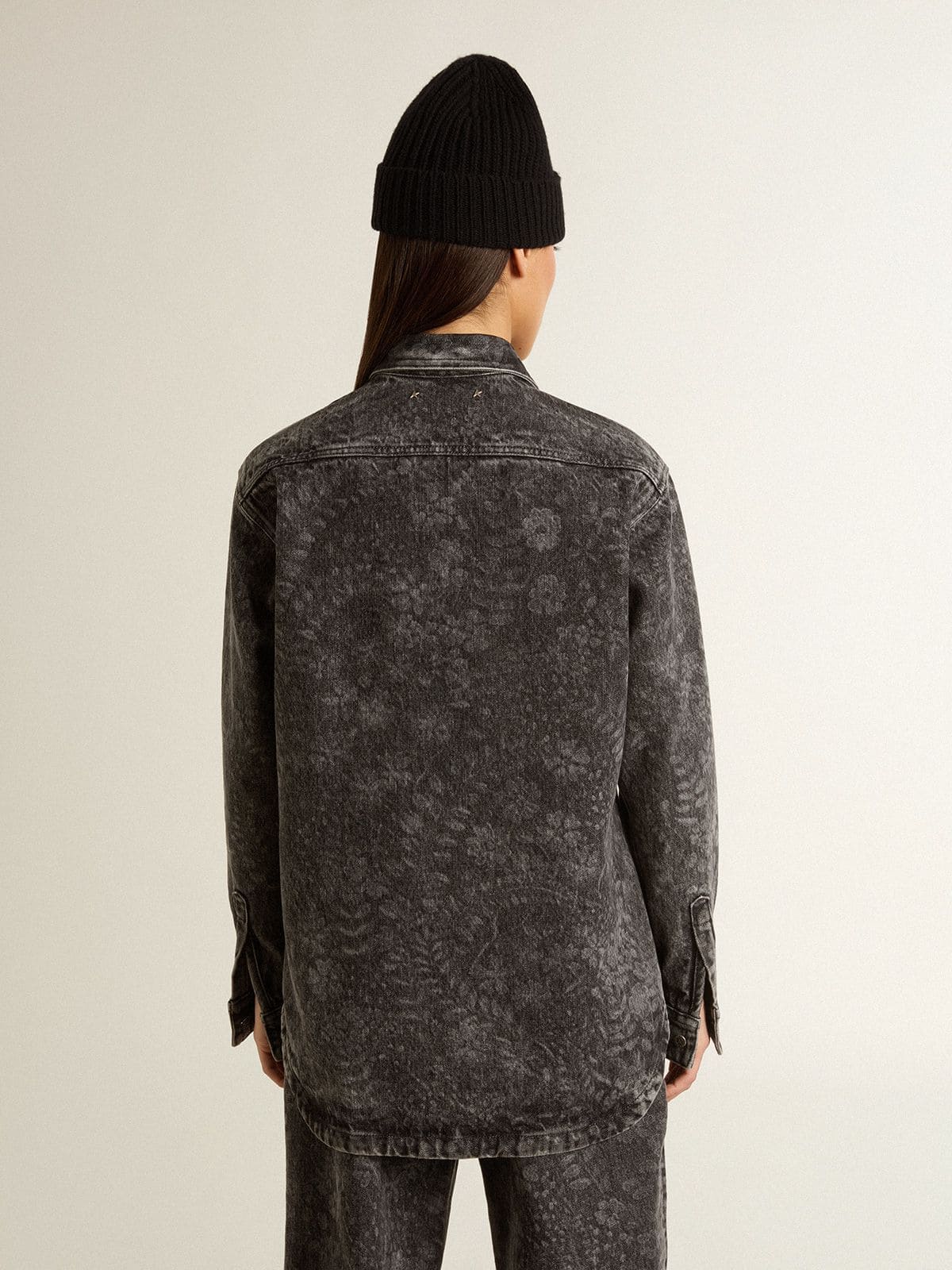 Golden Goose Women's black denim shirt with ton sur ton floral pattern