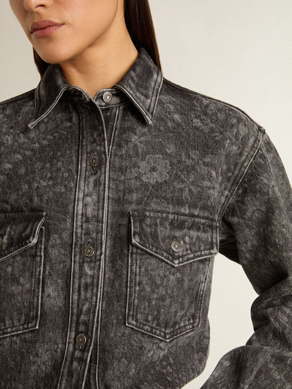 Golden Goose Women's black denim shirt with ton sur ton floral pattern