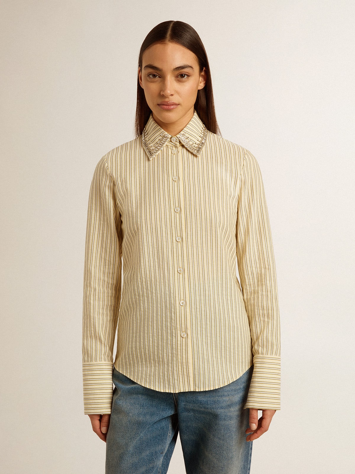 Golden Goose Ecru shirt with stripes and embroidered crystals