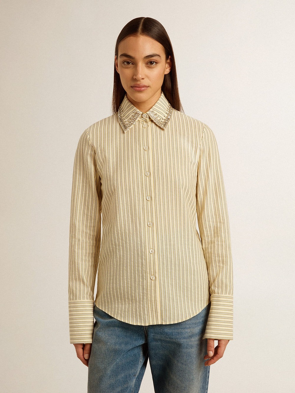Golden Goose Ecru shirt with stripes and embroidered crystals