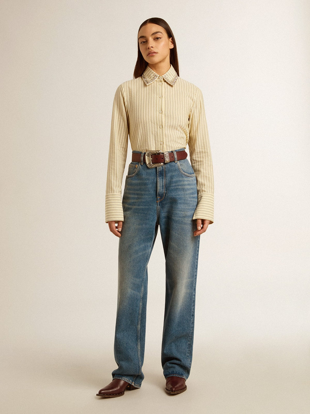 Golden Goose Ecru shirt with stripes and embroidered crystals