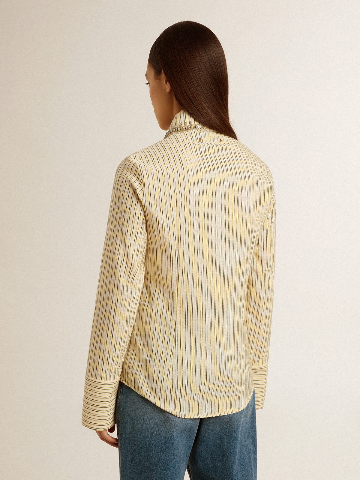 Golden Goose Ecru shirt with stripes and embroidered crystals