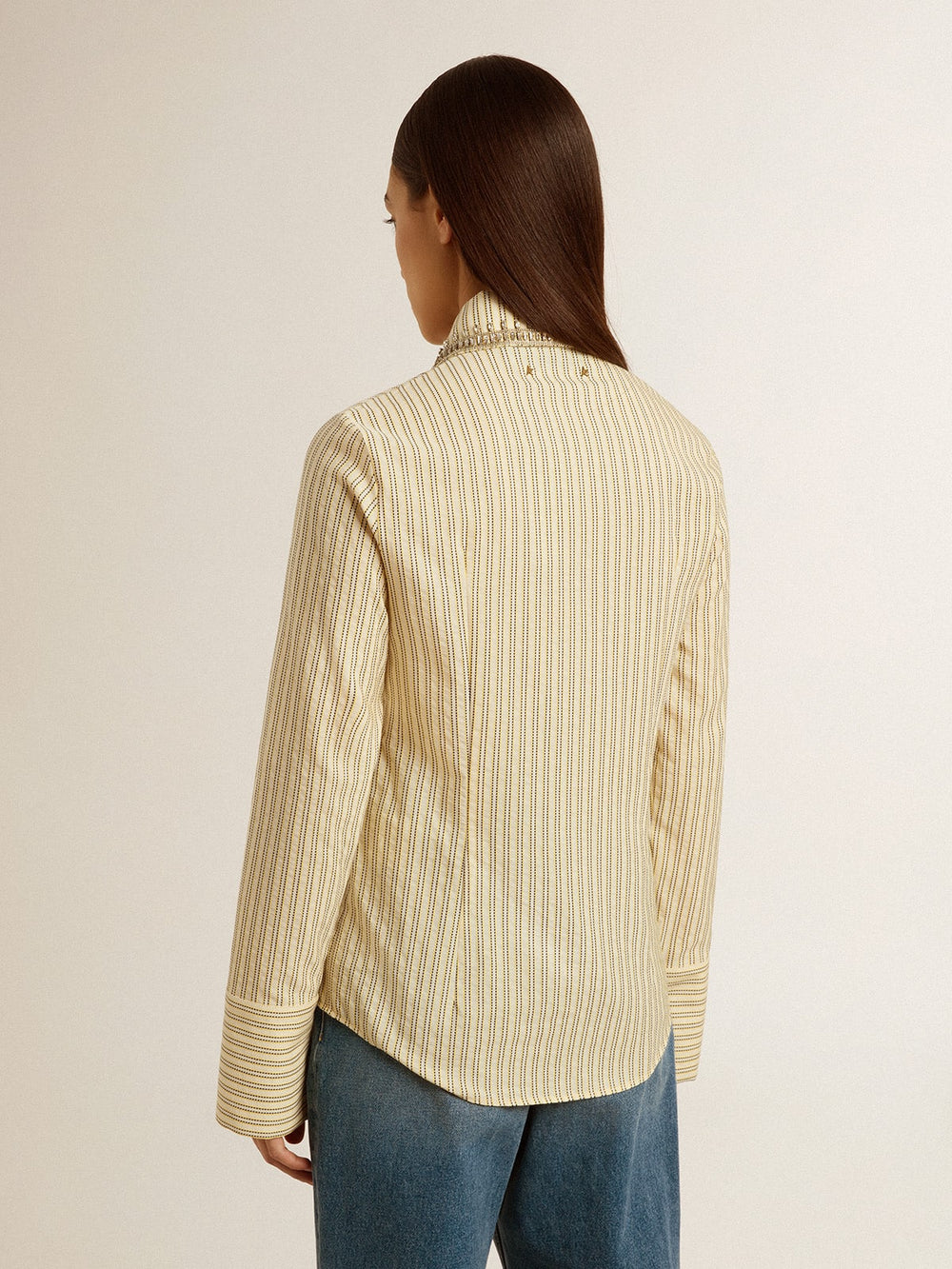Golden Goose Ecru shirt with stripes and embroidered crystals