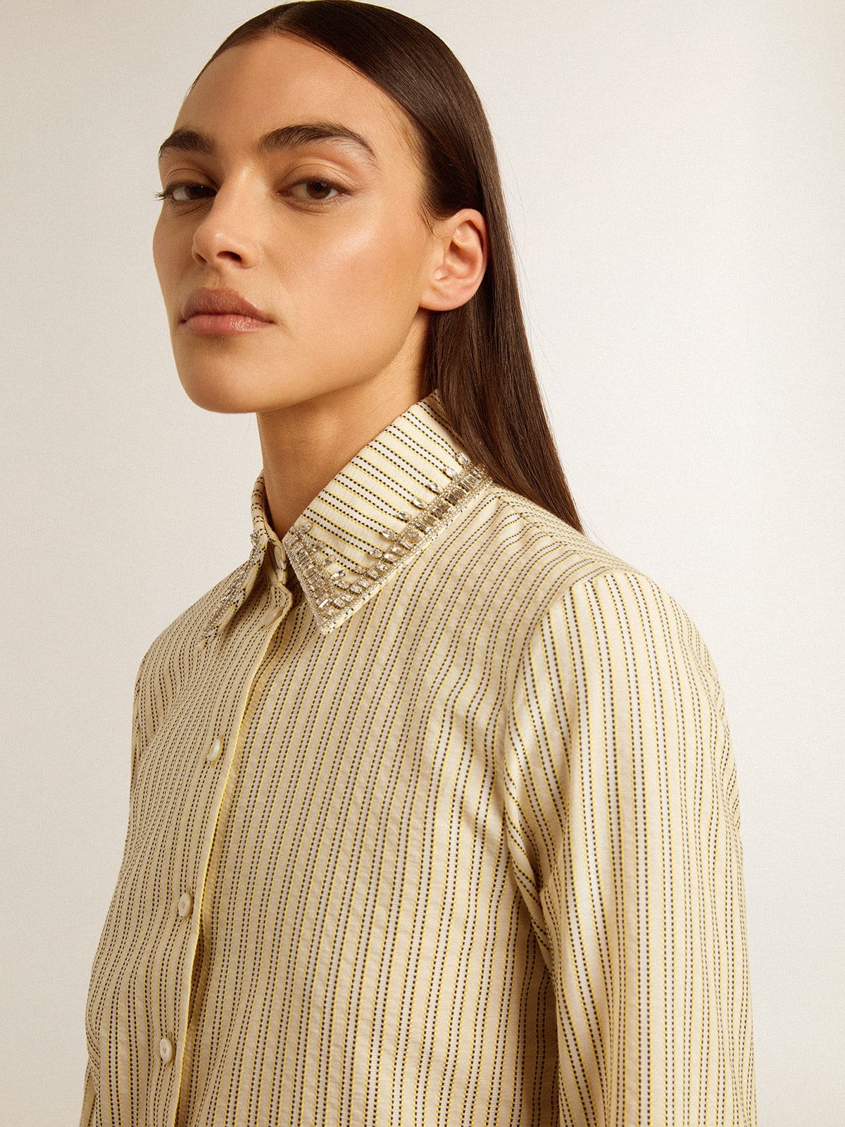 Golden Goose Ecru shirt with stripes and embroidered crystals