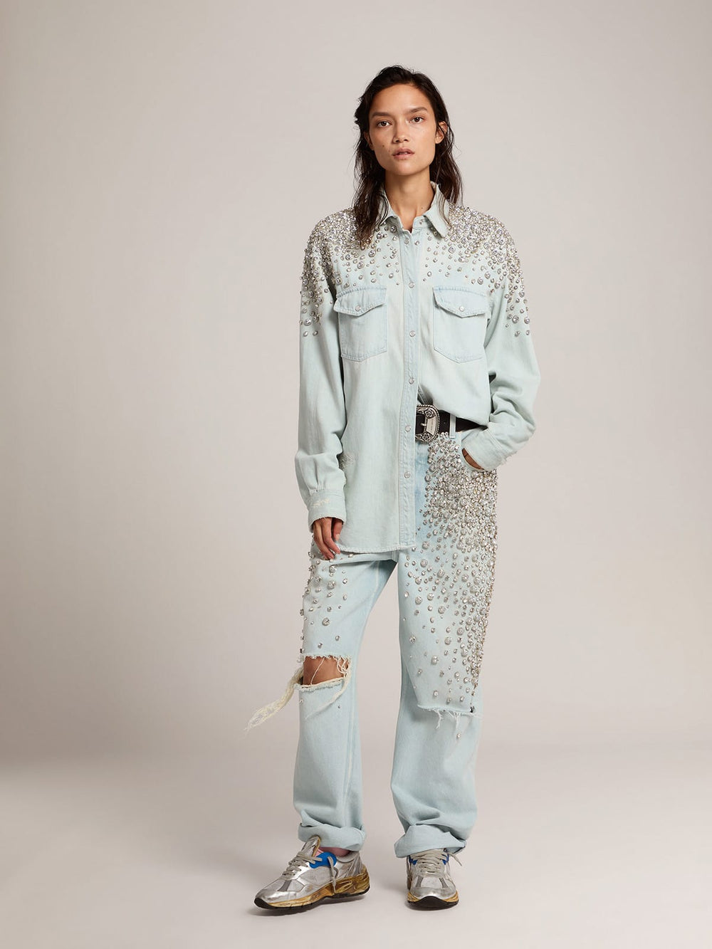 Golden Goose Women's bleached boyfriend shirt with cabochon crystals