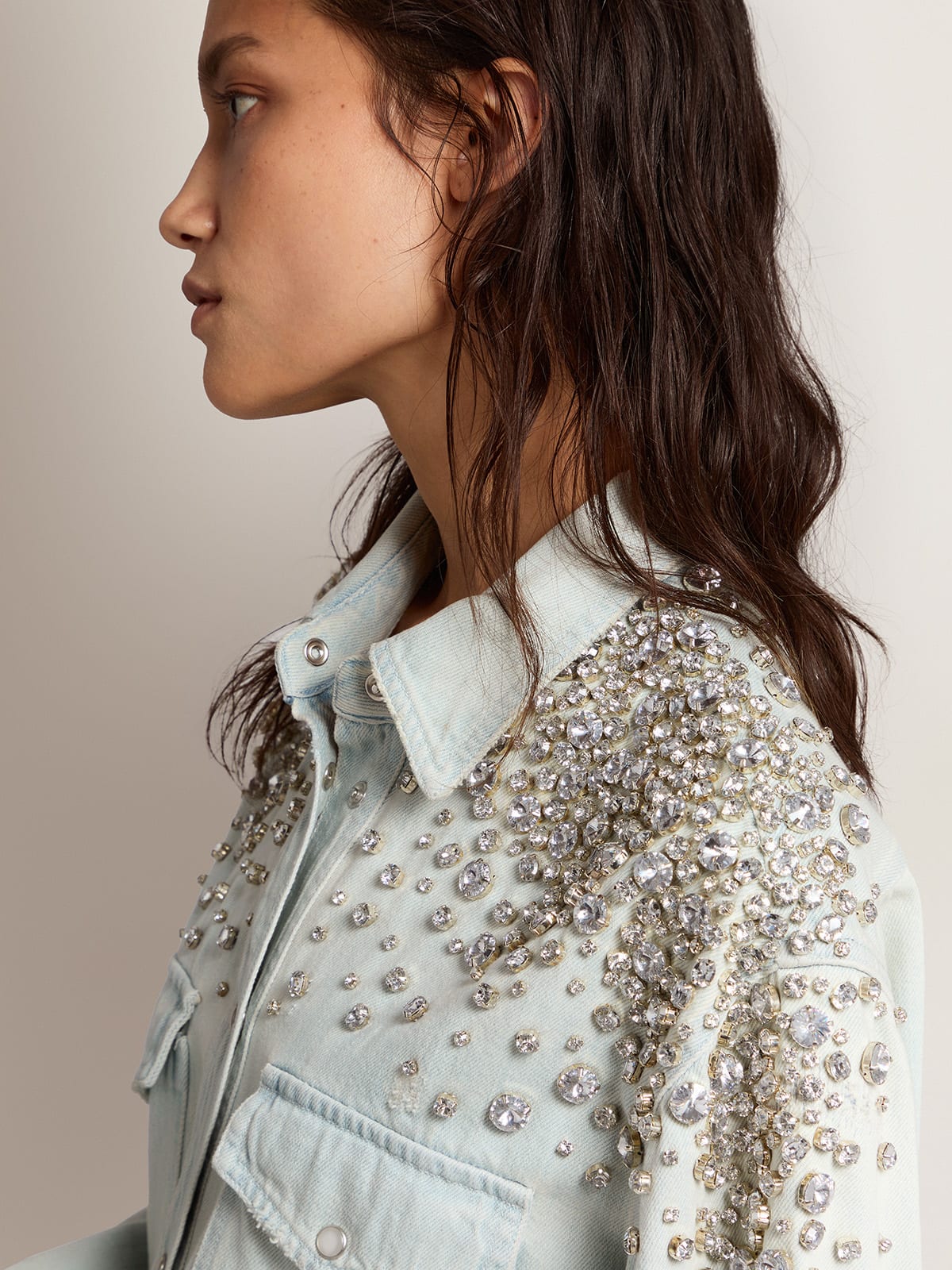 Golden Goose Women's bleached boyfriend shirt with cabochon crystals