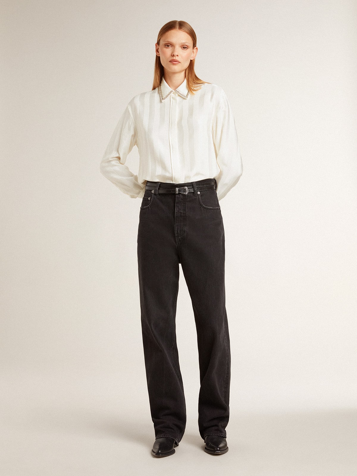Golden Goose Women's shirt with a vertical striped pattern and crystal embroidery