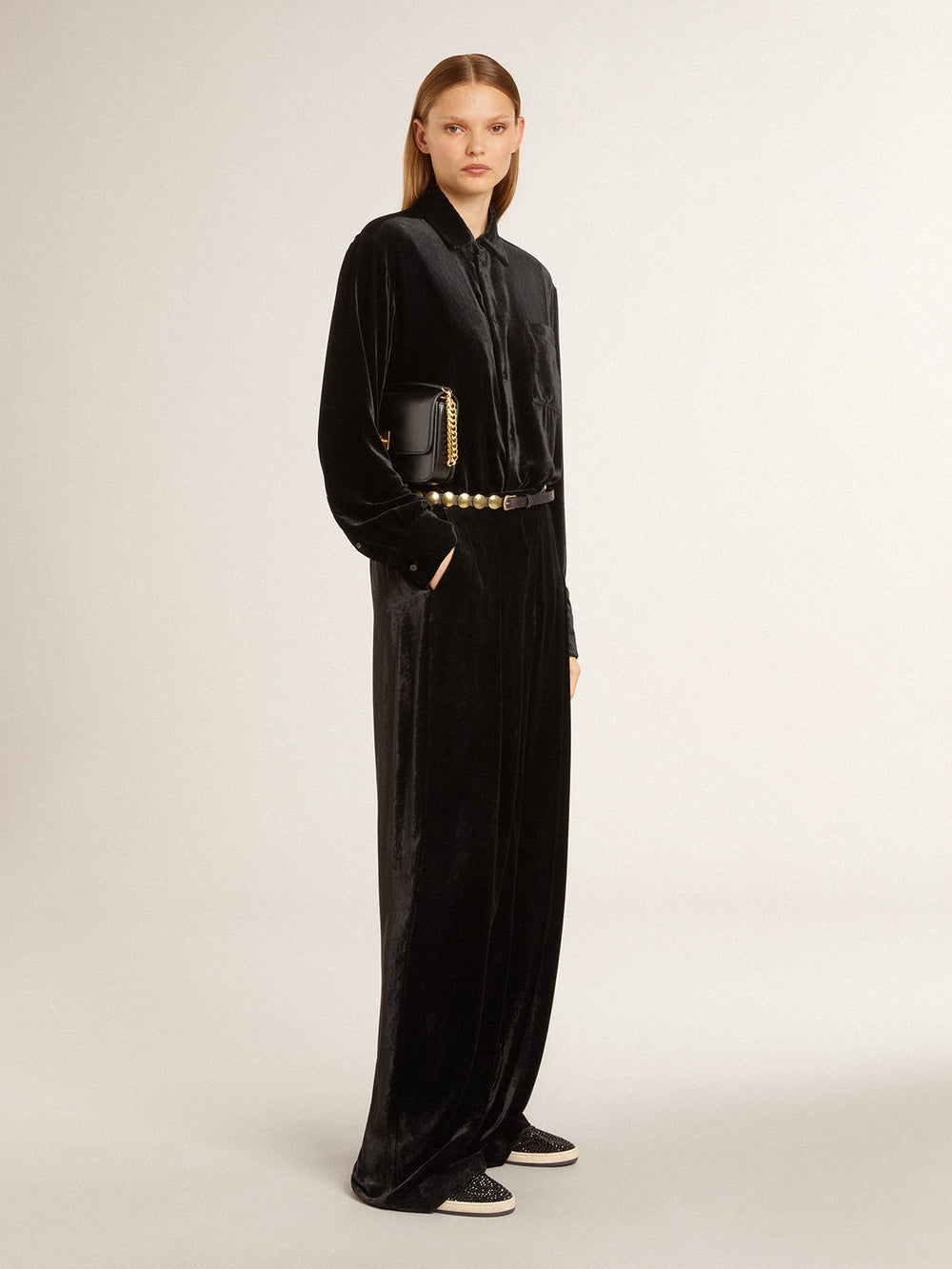 Golden Goose Velvet-effect black shirt with embroidery