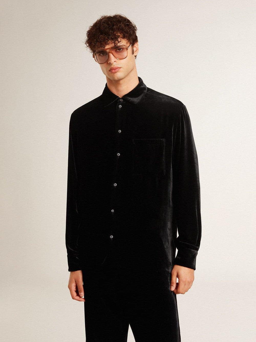 Golden Goose Velvet-effect black shirt with embroidery