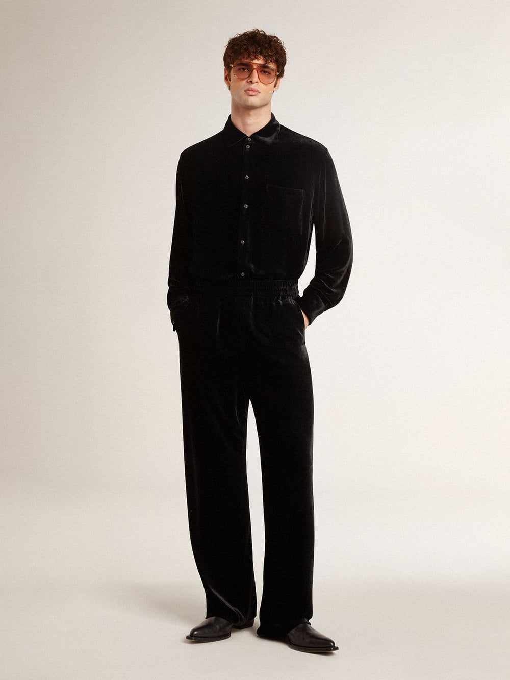 Golden Goose Velvet-effect black shirt with embroidery