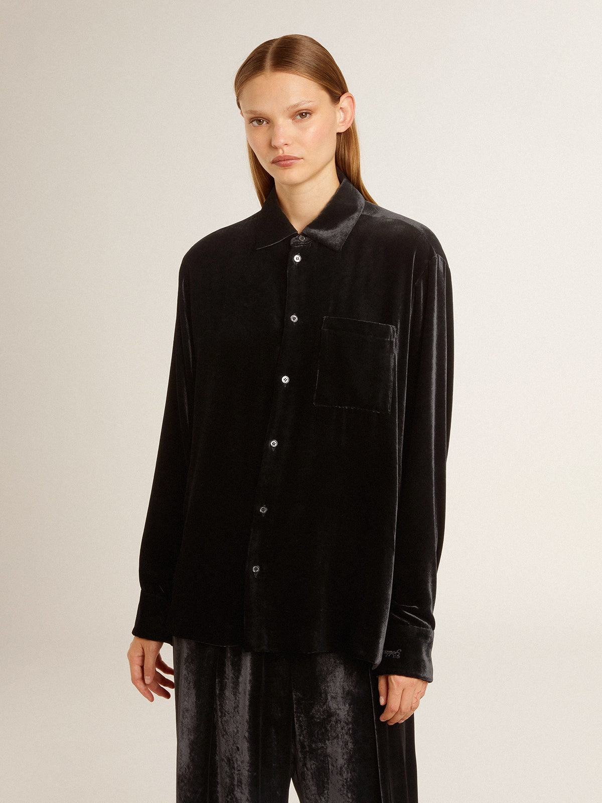 Golden Goose Velvet-effect black shirt with embroidery
