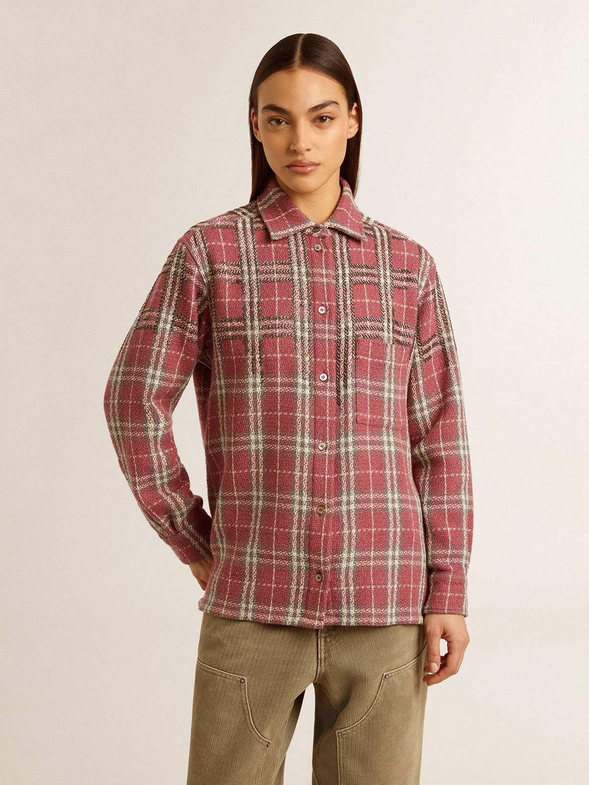 Golden Goose Women's shirt with pink, sand and gray check embroidery
